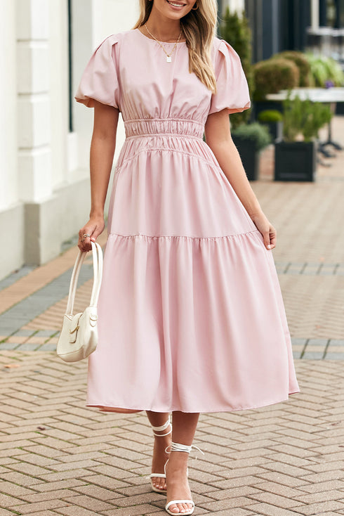 Puff Sleeve Pleated High Waist Flowy Long Dress